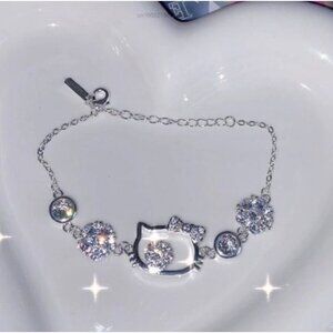 Hello Kitty Sanrio Silver Rhinestone Charm Bracelet – Adjustable Chain for Kids